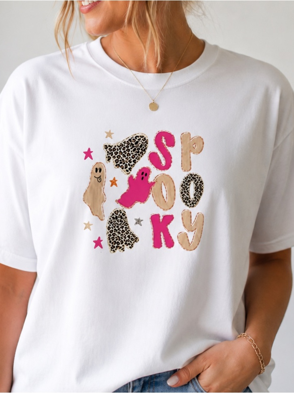 Gildan White Short Sleeve Tee with Pink, Tan & Black Spooky Graphic
